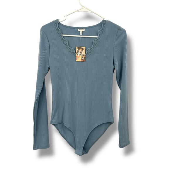 NEW Self Esteem Blue Bodysuit Size Medium Ribbed Knit Long Sleeve Lace Trim - Picture 1 of 6